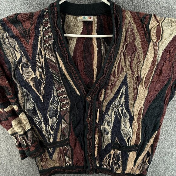 COOGI Cardigan Sweater Australia Button Up V Neck Knit Dark Red Large Cotton - Picture 1 of 16